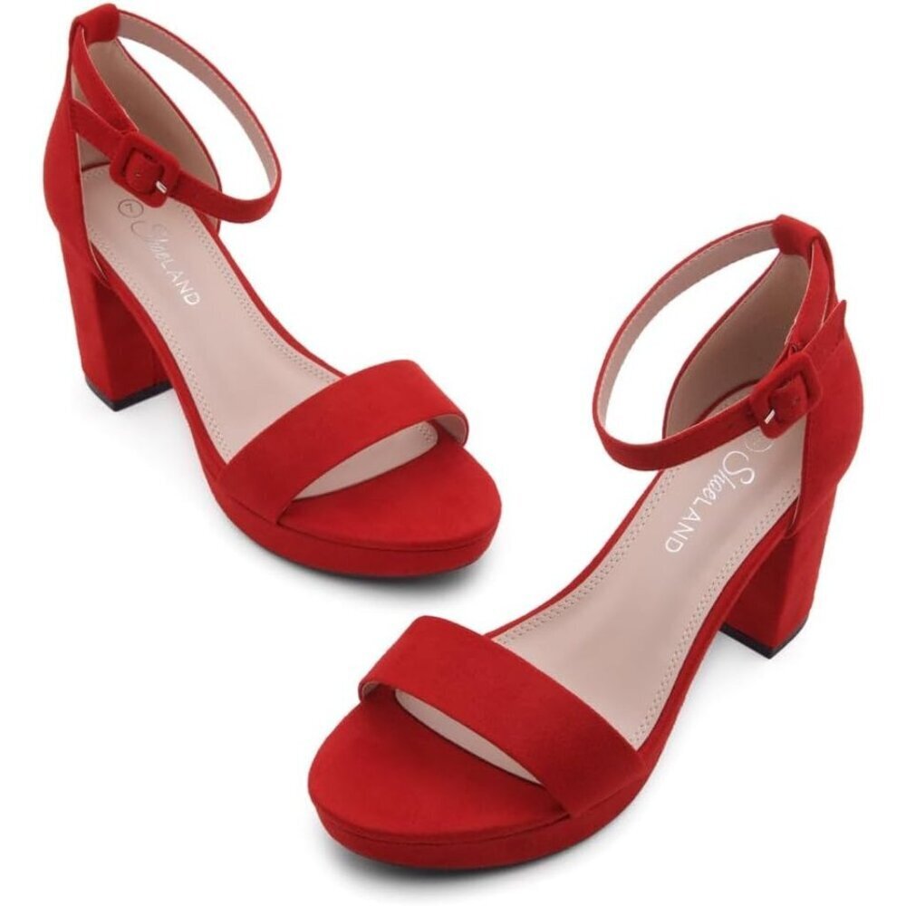Women's Red Chunky Block Ankle Strap Stylish Comfortable Open Toe Strappy Heel - Picture 2 of 7